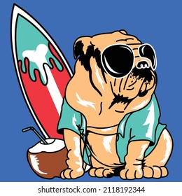 BULLDOG DOG WITH GLASSES AND A COCO AND A SURF BOARD