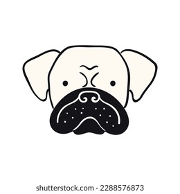 Bulldog dog, puppy face cute funny cartoon character illustration. Hand drawn vector, isolated. Line art. Domestic animal logo. Design concept pet food, branding, business, vet, print, poster