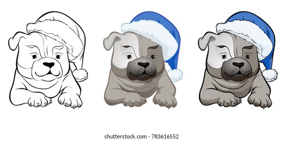 bulldog dog symbol of the year in the New Year's cap sits