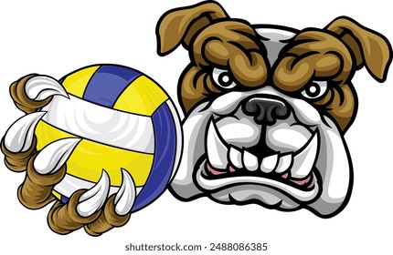 A bulldog dog volleyball animal sports mascot holding a volley ball in his claw