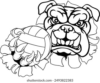 A bulldog dog volleyball animal sports mascot holding a volley ball in his claw