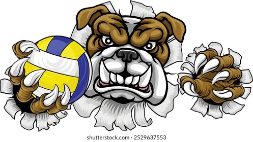 Um buldogue cão cão voleibol animal esportes mascote segurando uma bola de voleio em sua garra