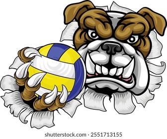 Um buldogue cão cão voleibol animal esportes mascote segurando uma bola de voleio em sua garra