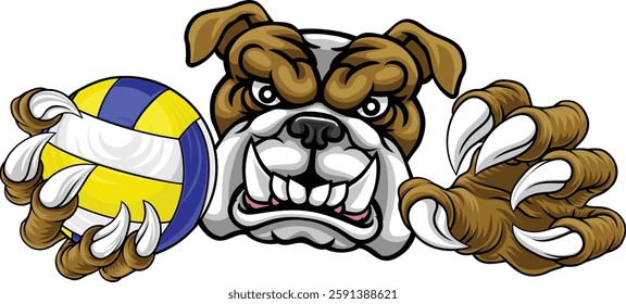 A bulldog dog volleyball animal sports mascot holding a volley ball in his claw