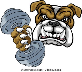 A bulldog dog weight lifting gym animal sports mascot holding a dumbbell in its claw