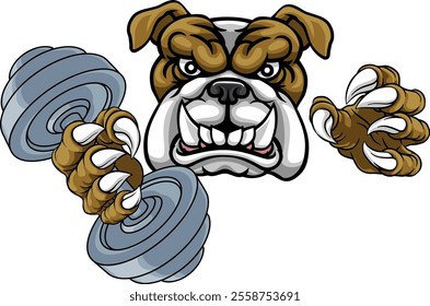 A bulldog dog weight lifting gym animal sports mascot holding a dumbbell in its claw