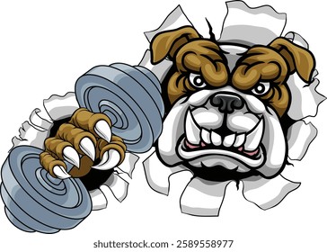 A bulldog dog weight lifting gym animal sports mascot holding a dumbbell in its claw