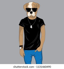Bulldog dressed up in black t-shirt and sunglasses. Anthropomorphic illustration