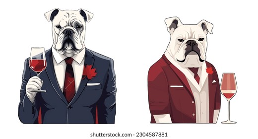a Bulldog dressed in a sleek suit, confidently holding a glass of wine in canada day.Illustration of T-shirt design graphic.	
