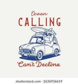 Bulldog driving vintage car with surfboard, summer surfing t shirt design