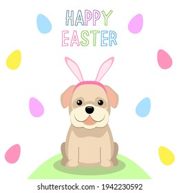 Bulldog Easter set. Vector illustration of a cute dog with bunny ears in a flat style.