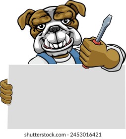 A bulldog electrician handyman or other construction cartoon mascot man holding a screwdriver tool.
