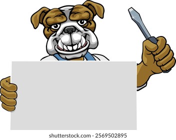 A bulldog electrician handyman or other construction cartoon mascot man holding a screwdriver tool.
