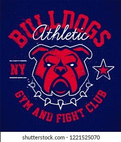 Bulldog emblem design template. Red bulldog in spiked collar on deep blue grunge background. Vector logo design for sport team.