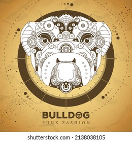 Bulldog face silhouette with gears on old paper texture background. Punk style. Vector illustration