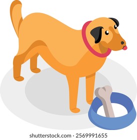 Bulldog with feeding tray isometric flat concept, Puppy eating bone with tray vector color icon design, Pet and Vet symbol, Animal Shelter sign, four legged friends stock illustration