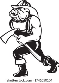 Bulldog Fireman Firefighter Walking With Fire Axe Cartoon