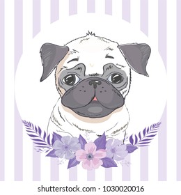 bulldog with flowers, illustration, vector