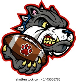 bulldog football mascot holding ball in paw for school, college or league