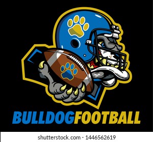 bulldog football mascot holding ball in paw for school, college or league