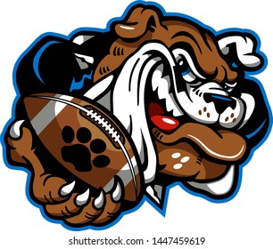 bulldog football mascot holding ball in paw for school, college or league