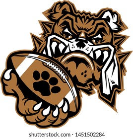 Bulldog Football Mascot Holding Ball In Paw For School, College Or League
