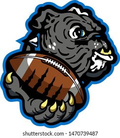 bulldog football mascot holding ball in paw for school, college or league