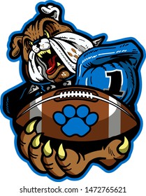 bulldog football team mascot holding ball in paw for school, college or league