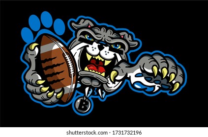 bulldog football team mascot holding ball in paw for school, college or league