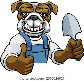 A bulldog gardener cartoon gardening animal mascot holding a garden spade tool peeking round a sign and giving a thumbs up