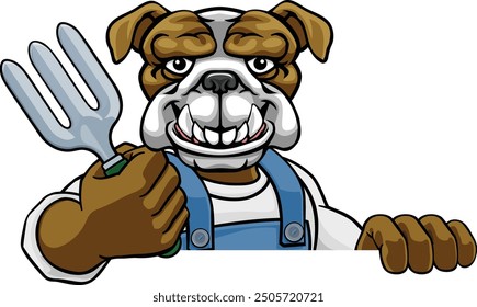 A bulldog gardener cartoon gardening animal mascot holding a garden fork tool peeking round a sign