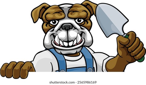 A bulldog gardener cartoon gardening animal mascot holding a garden spade tool peeking round a sign