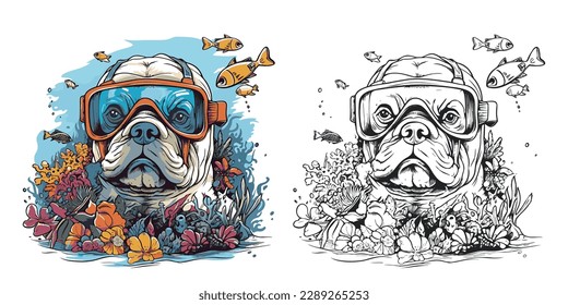 A bulldog with goggles snorkeling in the ocean surrounded.Illustration of T-shirt design graphic.