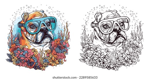 A bulldog with goggles snorkeling in the ocean surrounded.Illustration of T-shirt design graphic.