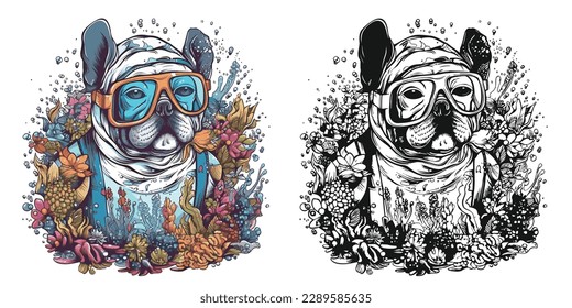 A bulldog with goggles snorkeling in the ocean surrounded.Illustration of T-shirt design graphic.