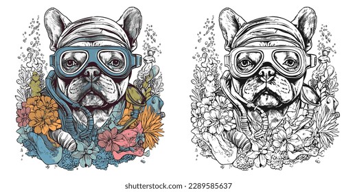 A bulldog with goggles snorkeling in the ocean surrounded.Illustration of T-shirt design graphic.