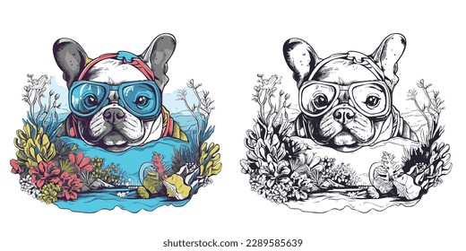 A bulldog with goggles snorkeling in the ocean surrounded.Illustration of T-shirt design graphic.