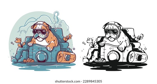 A bulldog with goggles snorkeling in the ocean surrounded.Illustration of T-shirt design graphic.