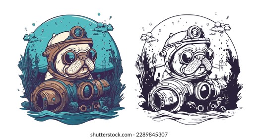 A bulldog with goggles snorkeling in the ocean surrounded.Illustration of T-shirt design graphic.