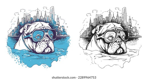 A bulldog with goggles snorkeling in the ocean surrounded.Illustration of T-shirt design graphic.