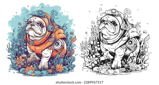 A bulldog with goggles snorkeling in the ocean surrounded.Illustration of T-shirt design graphic.