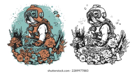 A bulldog with goggles snorkeling in the ocean surrounded.Illustration of T-shirt design graphic.