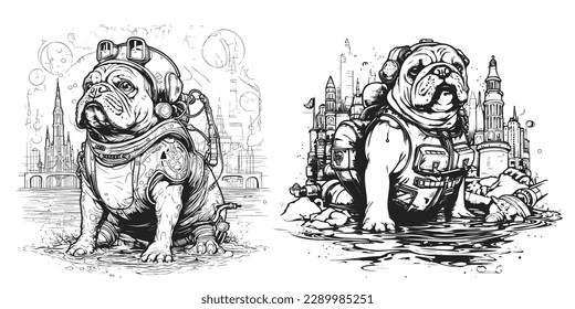 A bulldog with goggles snorkeling in the ocean surrounded.Illustration of T-shirt design graphic.