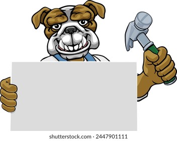 A bulldog handyman or carpenter cartoon construction man mascot character holding a hammer tool