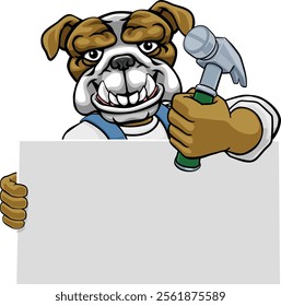 A bulldog handyman or carpenter cartoon construction man mascot character holding a hammer tool