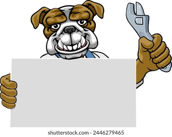 A bulldog handyman, mechanic, plumber or other construction cartoon mascot man holding a wrench or spanner tool.