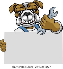 A bulldog handyman, mechanic, plumber or other construction cartoon mascot man holding a wrench or spanner tool.