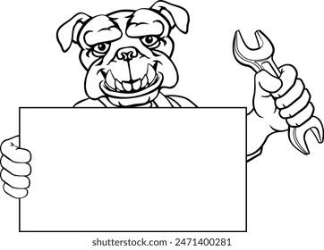 A bulldog handyman, mechanic, plumber or other construction cartoon mascot man holding a wrench or spanner tool.