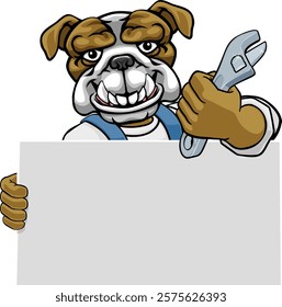 A bulldog handyman, mechanic, plumber or other construction cartoon mascot man holding a wrench or spanner tool.