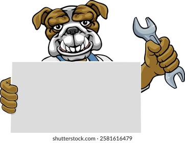 A bulldog handyman, mechanic, plumber or other construction cartoon mascot man holding a wrench or spanner tool.